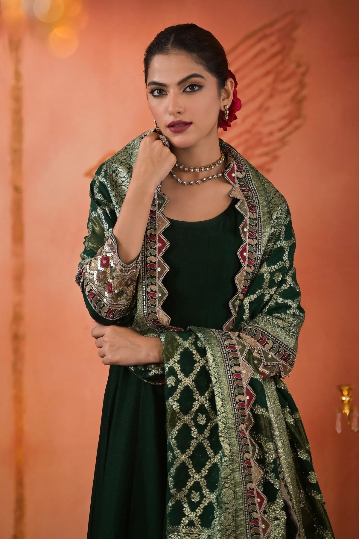 Dark Green Embellished Silk Anarkali Set at PinkPhulkari California