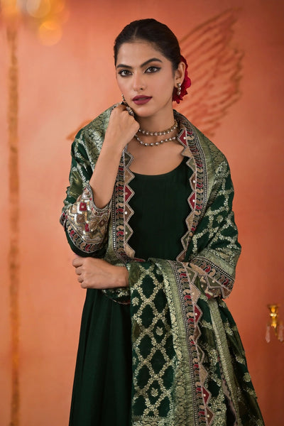 Dark Green Embellished Silk Anarkali Set at PinkPhulkari CaliforniaDark Green Embellished Silk Anarkali Set at PinkPhulkari California