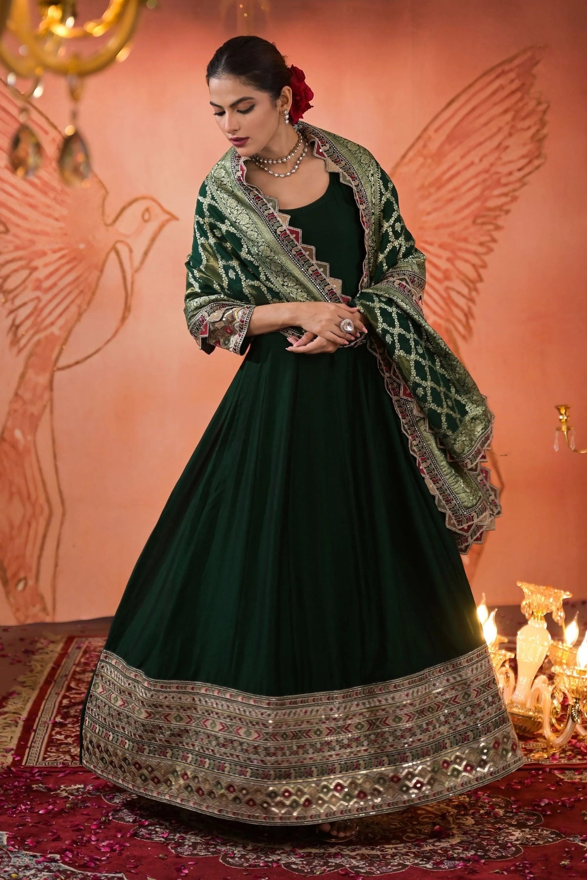 Dark Green Embellished Silk Anarkali Set at PinkPhulkari California