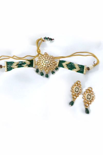 Buy Kundan Polki & Pearl Dark Green Enameled Choker Necklace Set