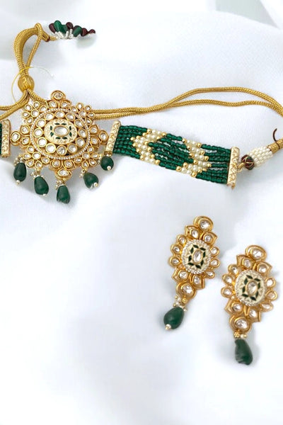 Buy Kundan Polki & Pearl Dark Green Enameled Choker Necklace SetBuy Kundan Polki & Pearl Dark Green Enameled Choker Necklace Set