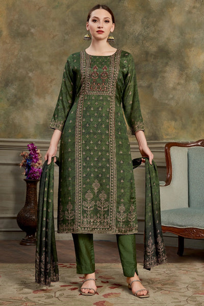 Dark Green Muslin Silk Embroidered Kurta Set - Elegant Look