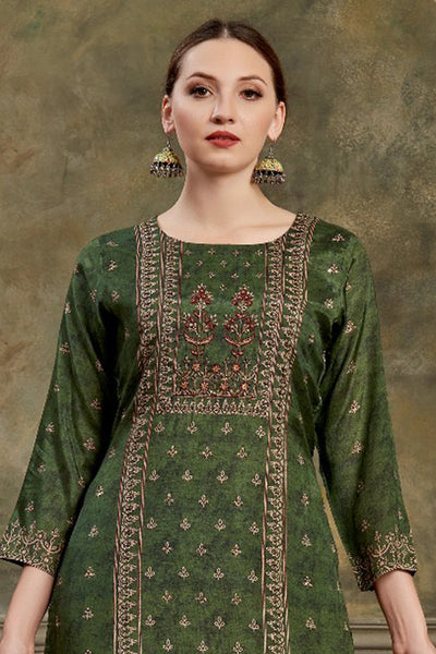 Dark Green Muslin Silk Embroidered Kurta Set - Elegant LookDark Green Muslin Silk Embroidered Kurta Set - Elegant Look