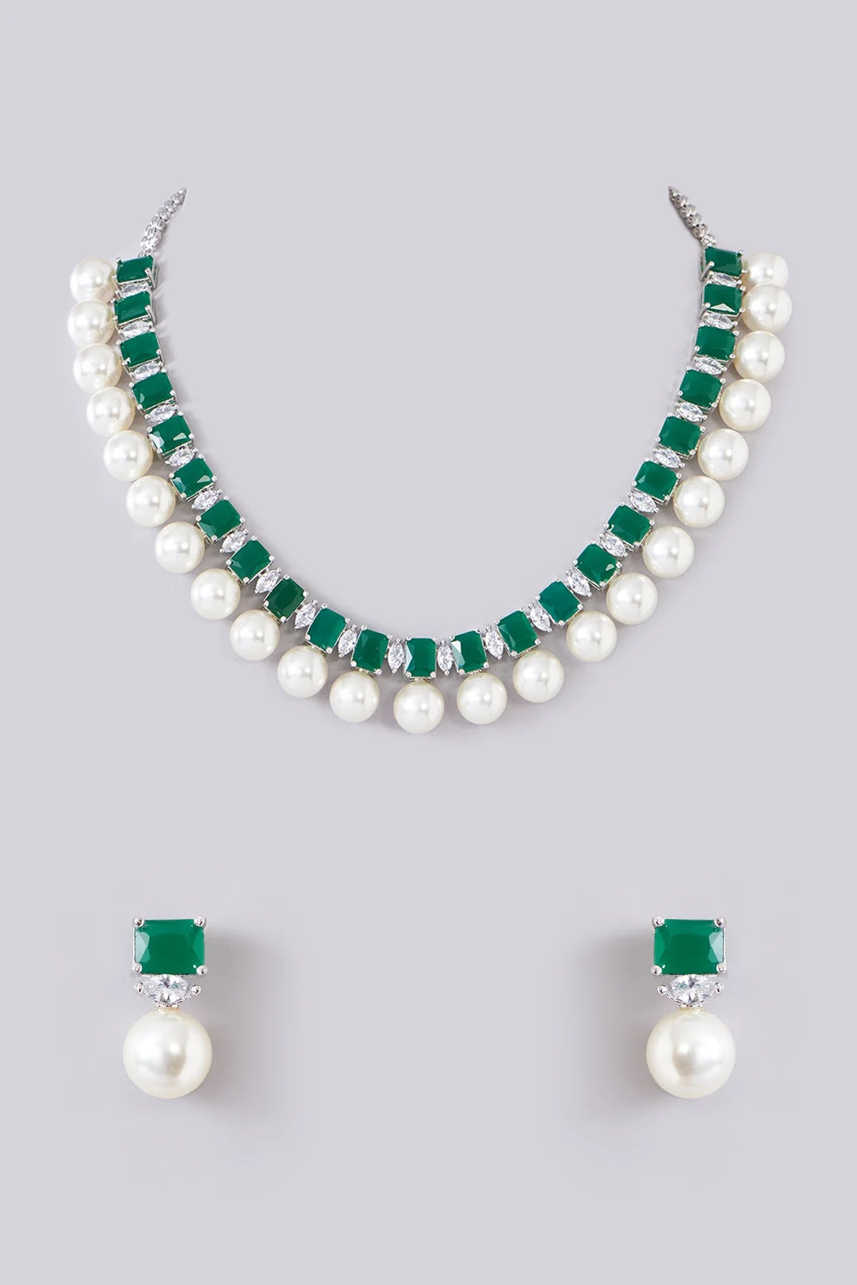 Emerald Pearl Dropped Diamond Necklace Set