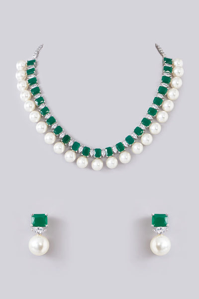 Emerald Pearl Dropped Diamond Necklace SetEmerald Pearl Dropped Diamond Necklace Set