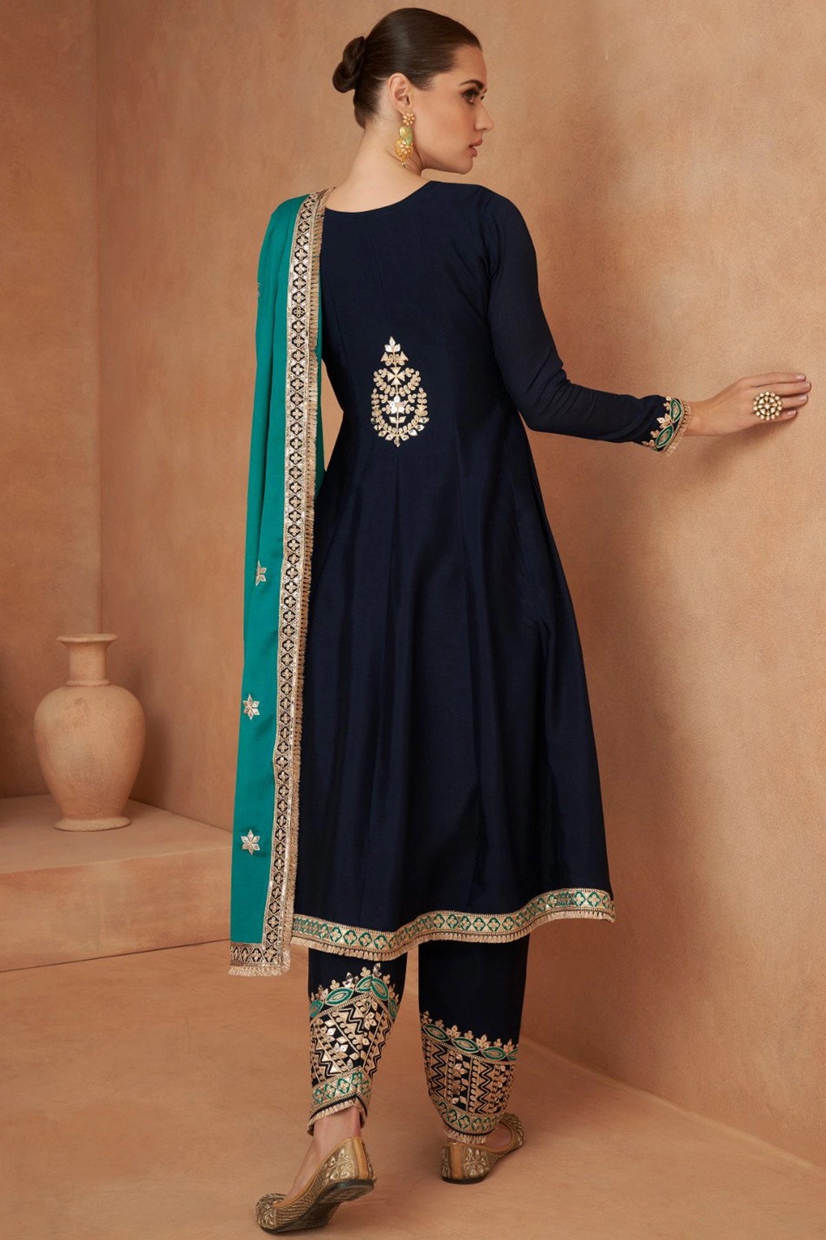 Buy Navy Blue Embroidered Chinon Silk Anarkali Patiala Pant Suit 