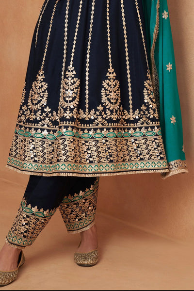 Buy Navy Blue Embroidered Chinon Silk Anarkali Patiala Pant Suit Buy Navy Blue Embroidered Chinon Silk Anarkali Patiala Pant Suit 