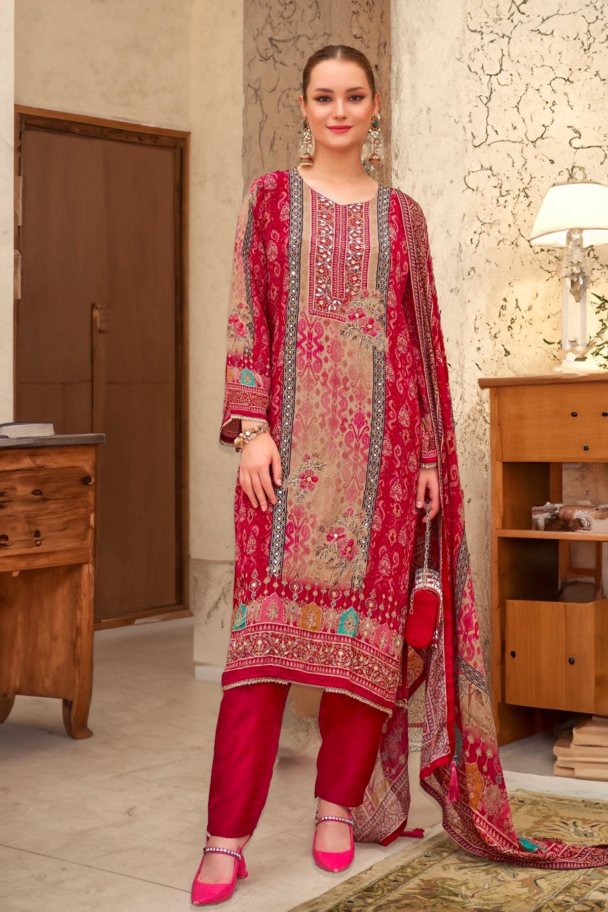Buy Crimson Crepe Silk Embroidered Printed Pant Style Kurta Suit Set