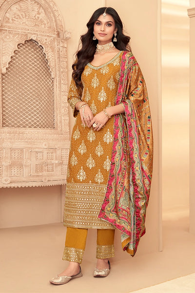 Buy Rust Orange Silk Straight Cut Pant Style Suit at PinkPhulkari 