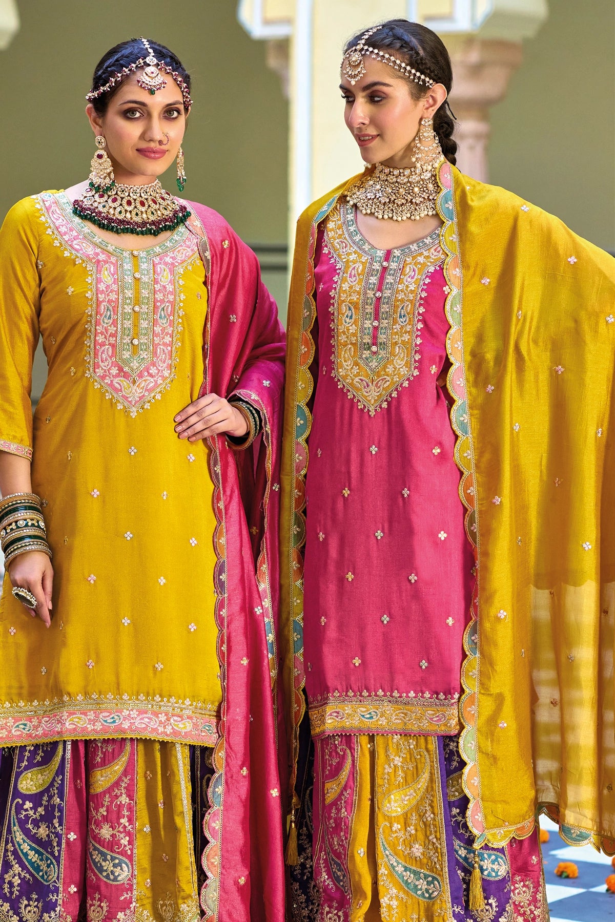 Buy Mustard Yellow Embroidered Silk Lehenga Set at PinkPhulkari 