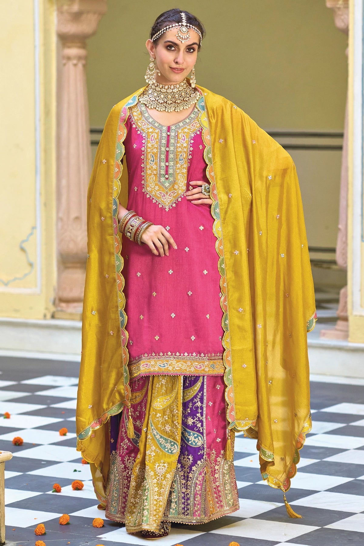 Buy Pink Multicolor Embroidered Silk Lehenga Set at PinkPhulkari 