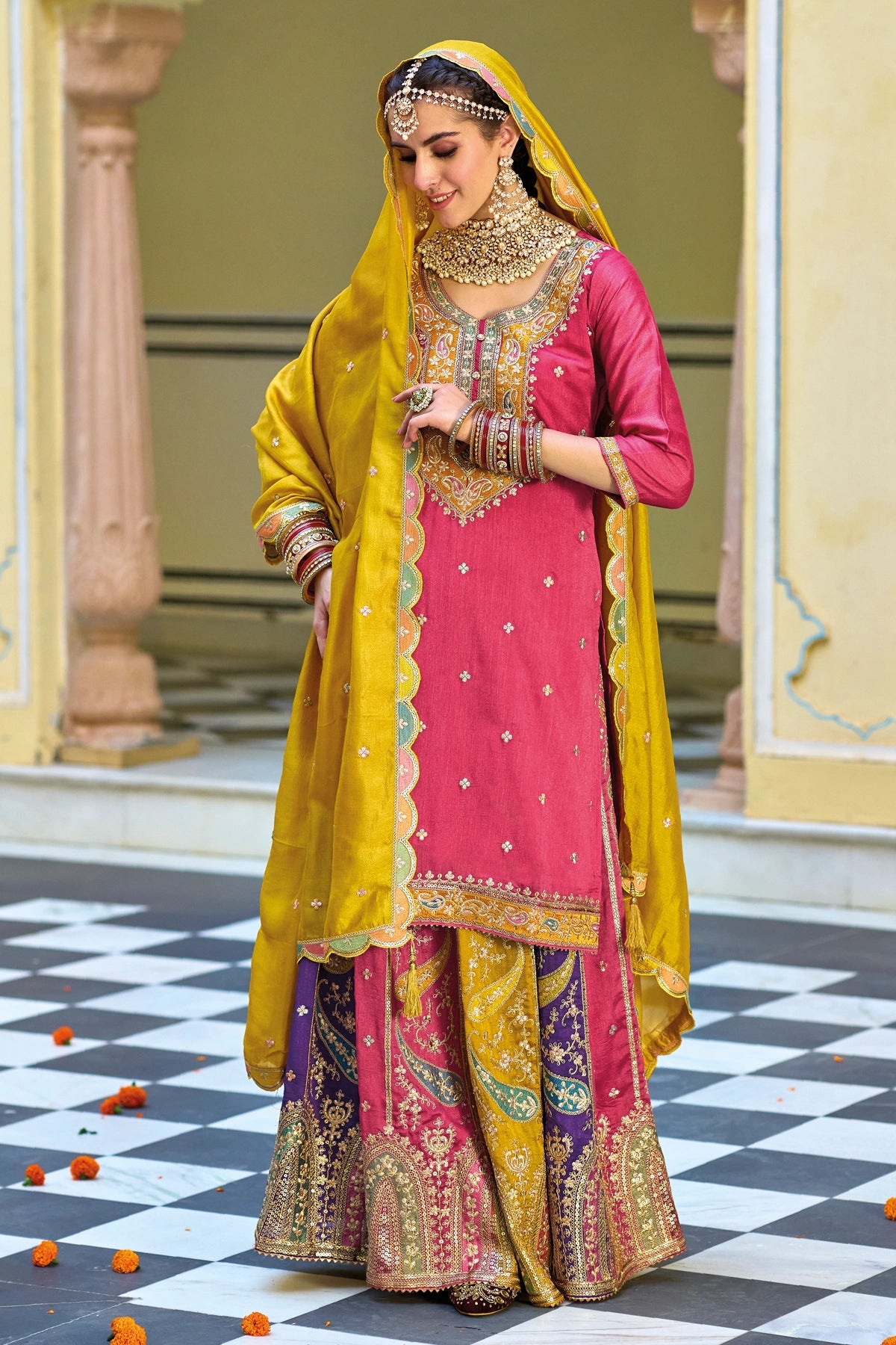 Buy Pink Multicolor Embroidered Silk Lehenga Set at PinkPhulkari 