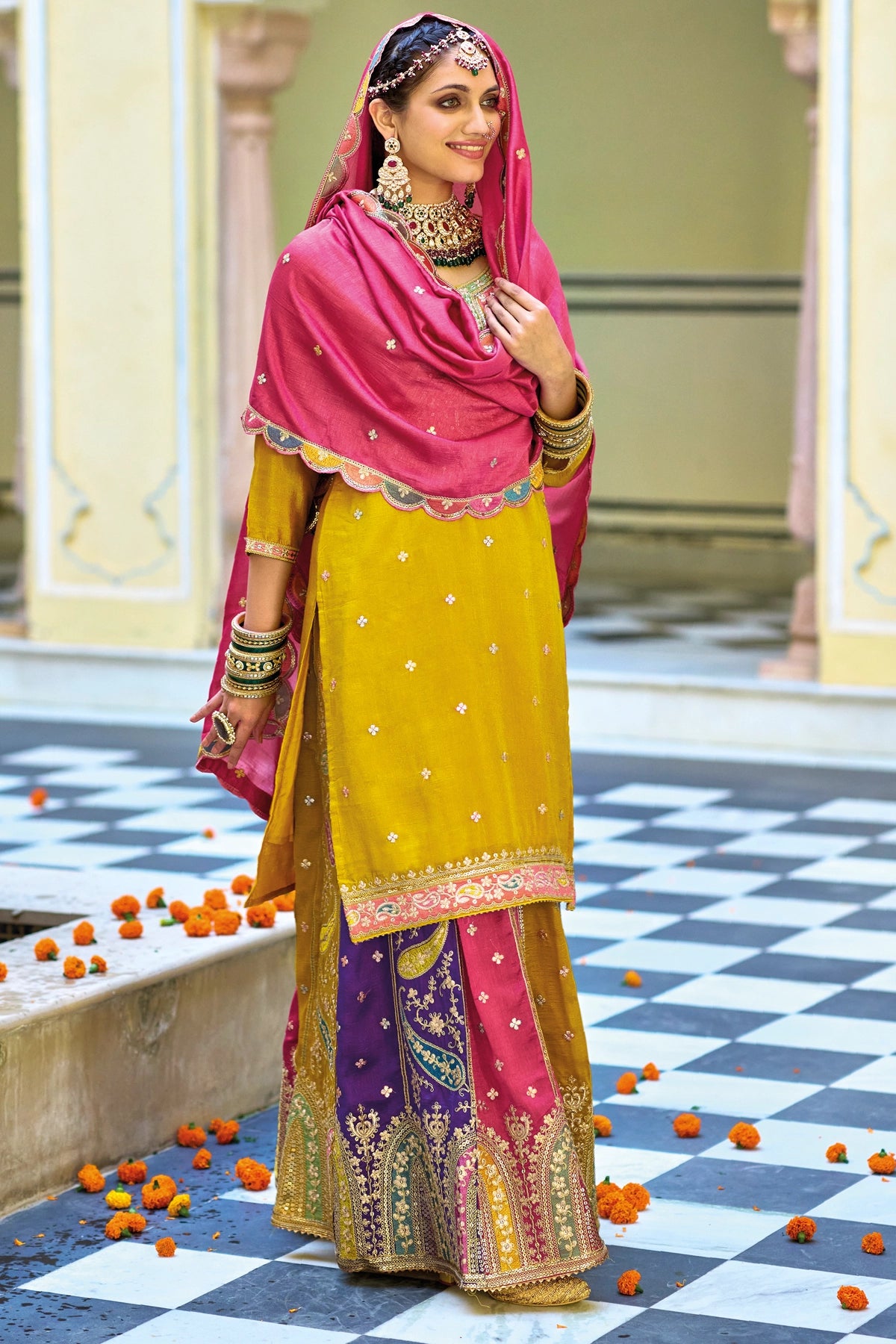 Buy Mustard Yellow Embroidered Silk Lehenga Set at PinkPhulkari 