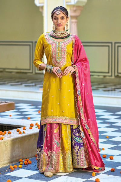 Buy Mustard Yellow Embroidered Silk Lehenga Set at PinkPhulkari 