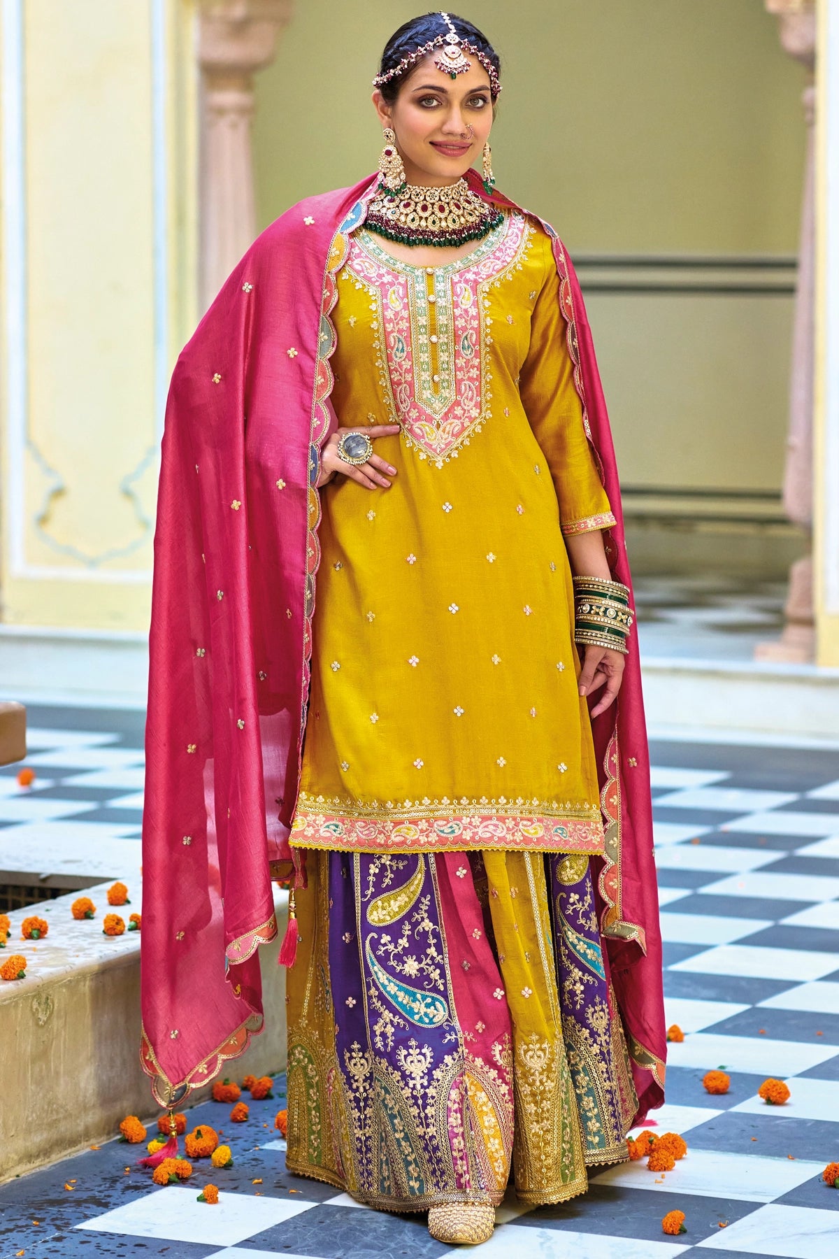 Buy Mustard Yellow Embroidered Silk Lehenga Set at PinkPhulkari 