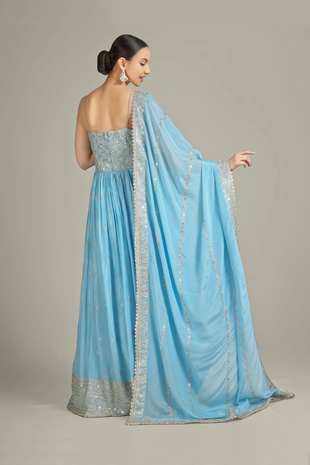 baby blue anarkali dress Light Embroidered Chinon Silk Indian & Pakistani Dress, Chinon Silk / SkyBlue / XXL(44) Collaboration Picks Backless Sequin DRESS Gold Size:US Size 20W up dori with matching
