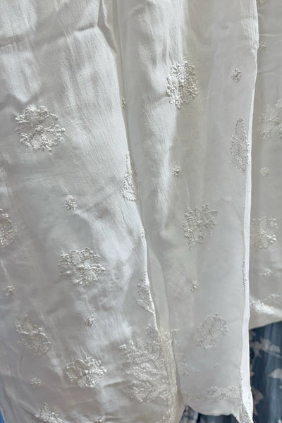 White fabric with intricate  Lucknowi Chikankari embroidery on a plain backgroundWhite fabric with intricate  Lucknowi Chikankari embroidery on a plain background