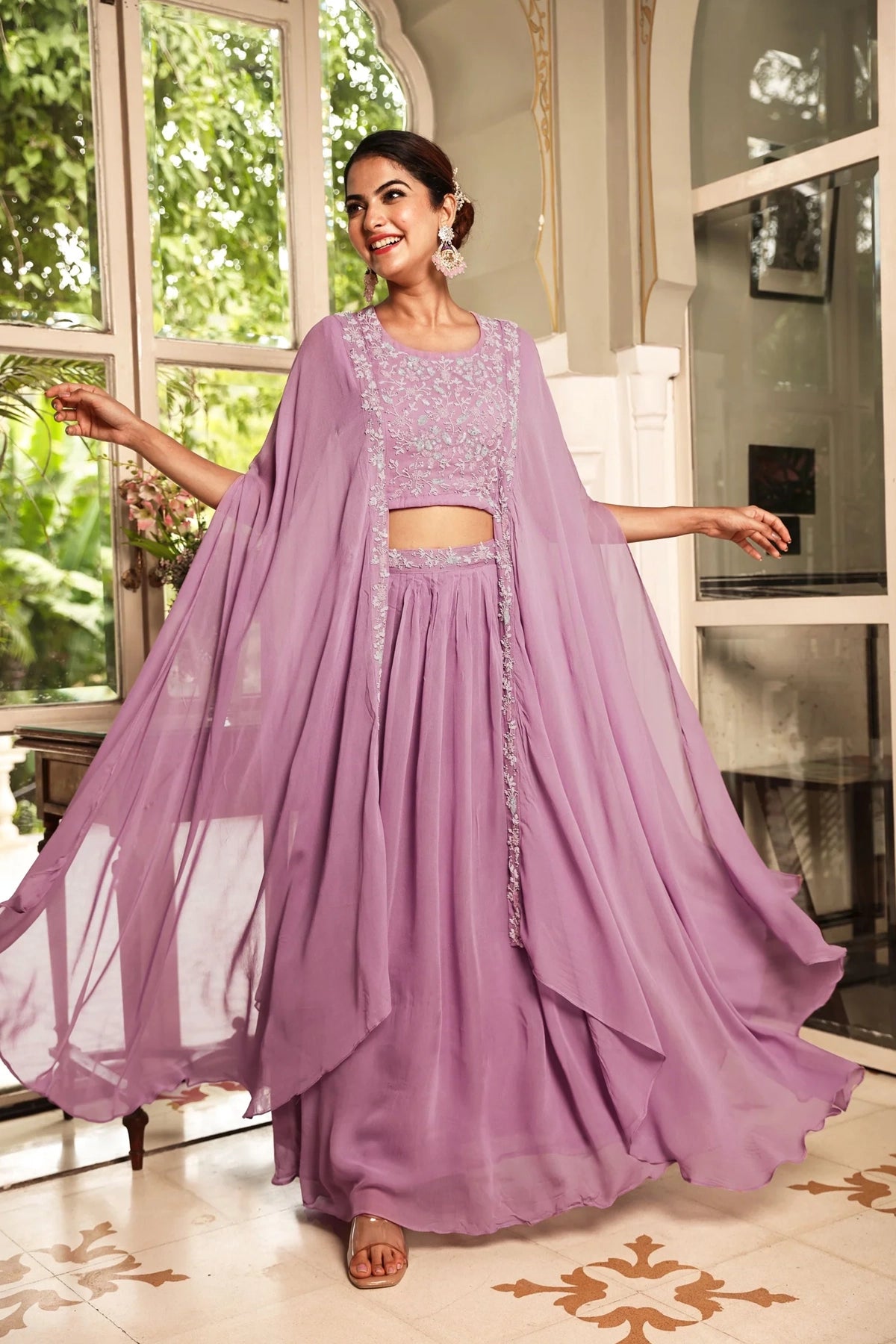 Lavender Purple Embellished Georgette Lehenga Set at PinkPhulkari