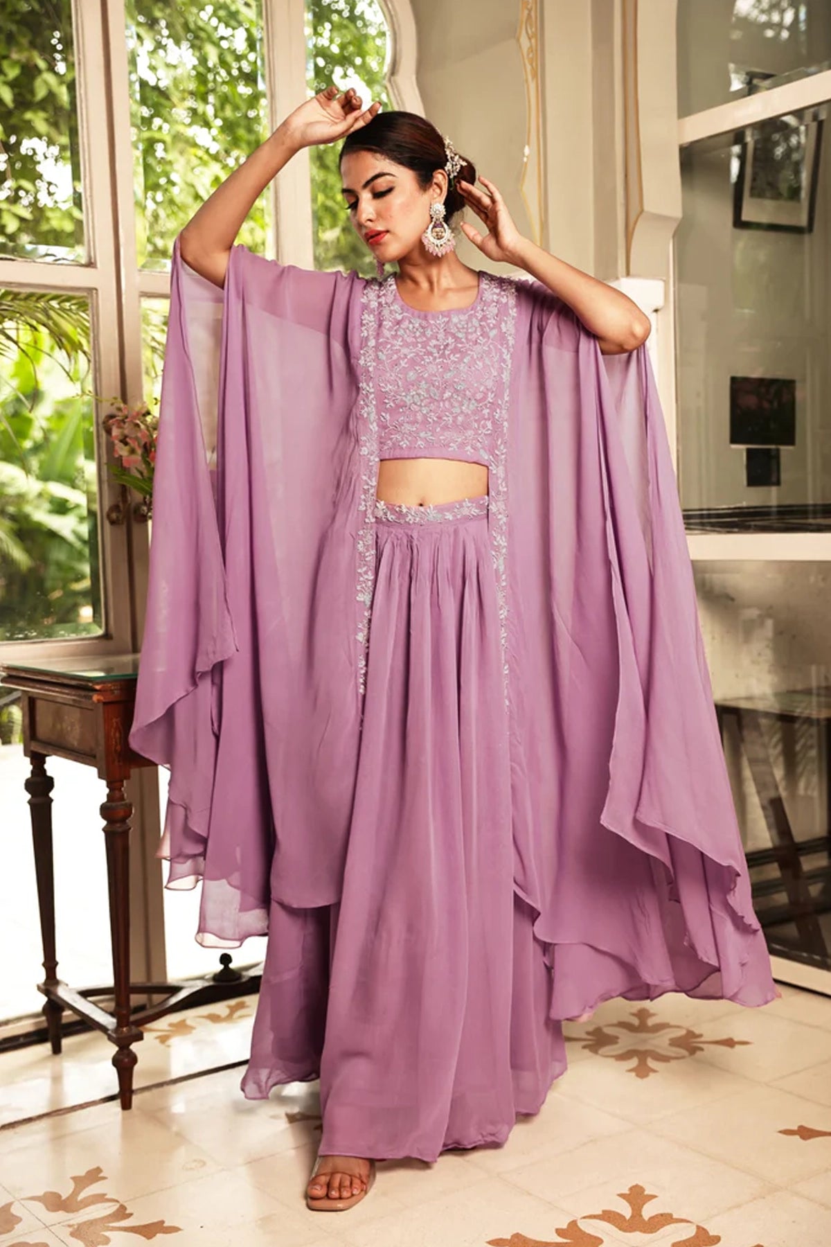 Lavender Purple Embellished Georgette Lehenga Set at PinkPhulkari