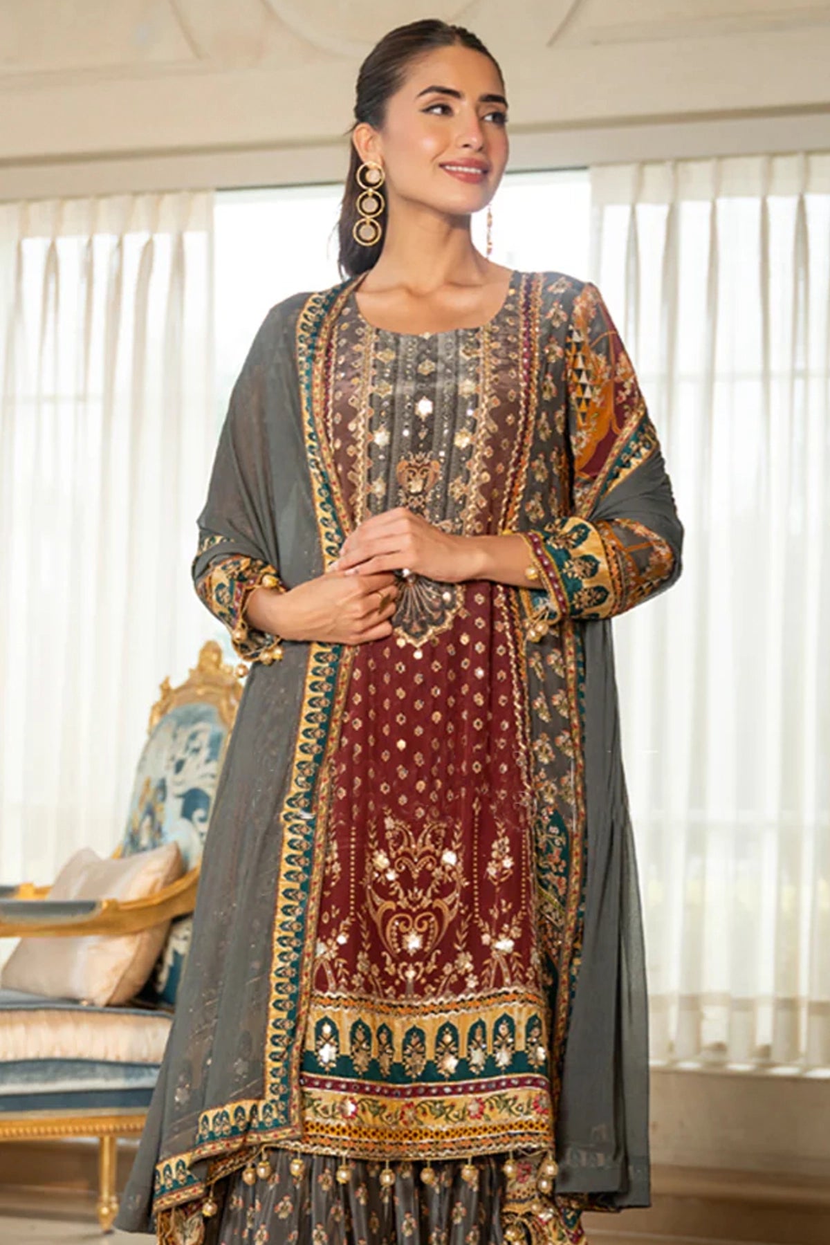 Maroon & Gray Crepe Silk Kurta Gharara Set