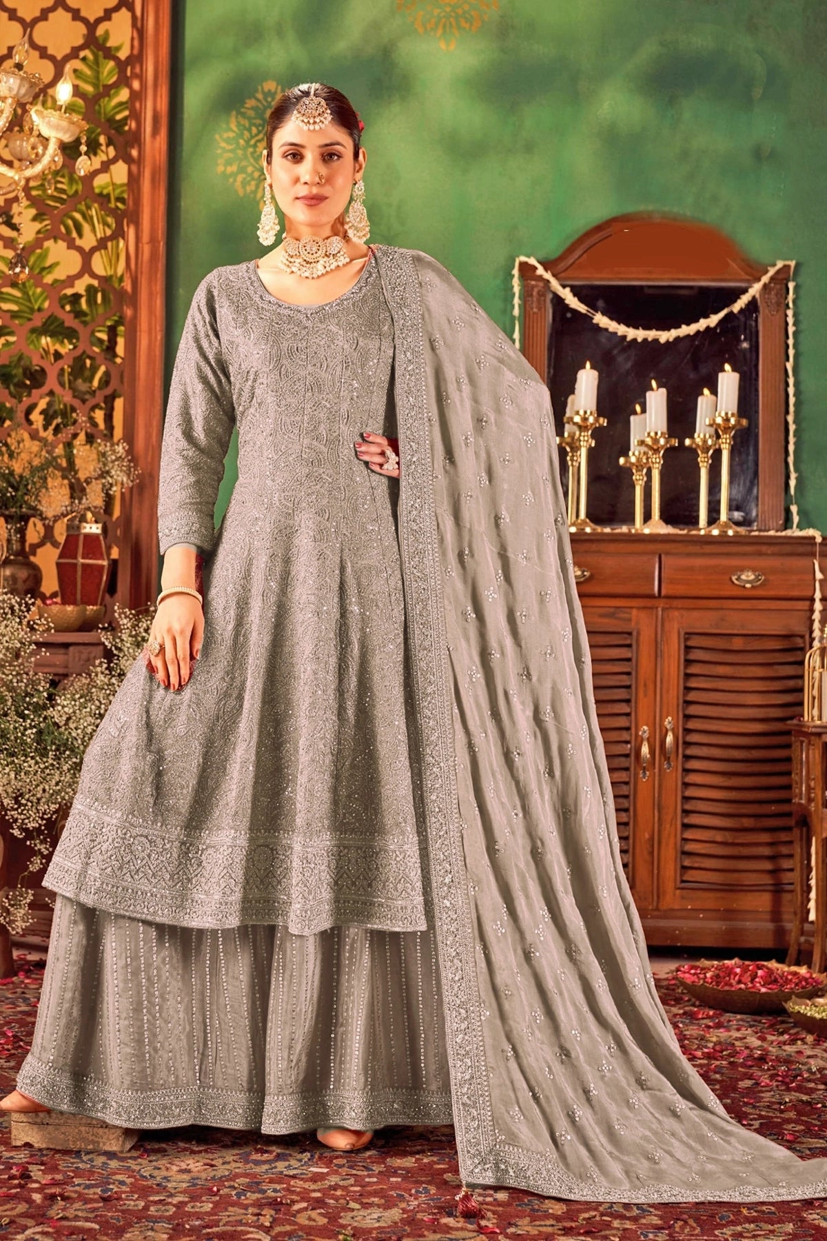 Embroidered Georgette Sharara Style Anarkali Set