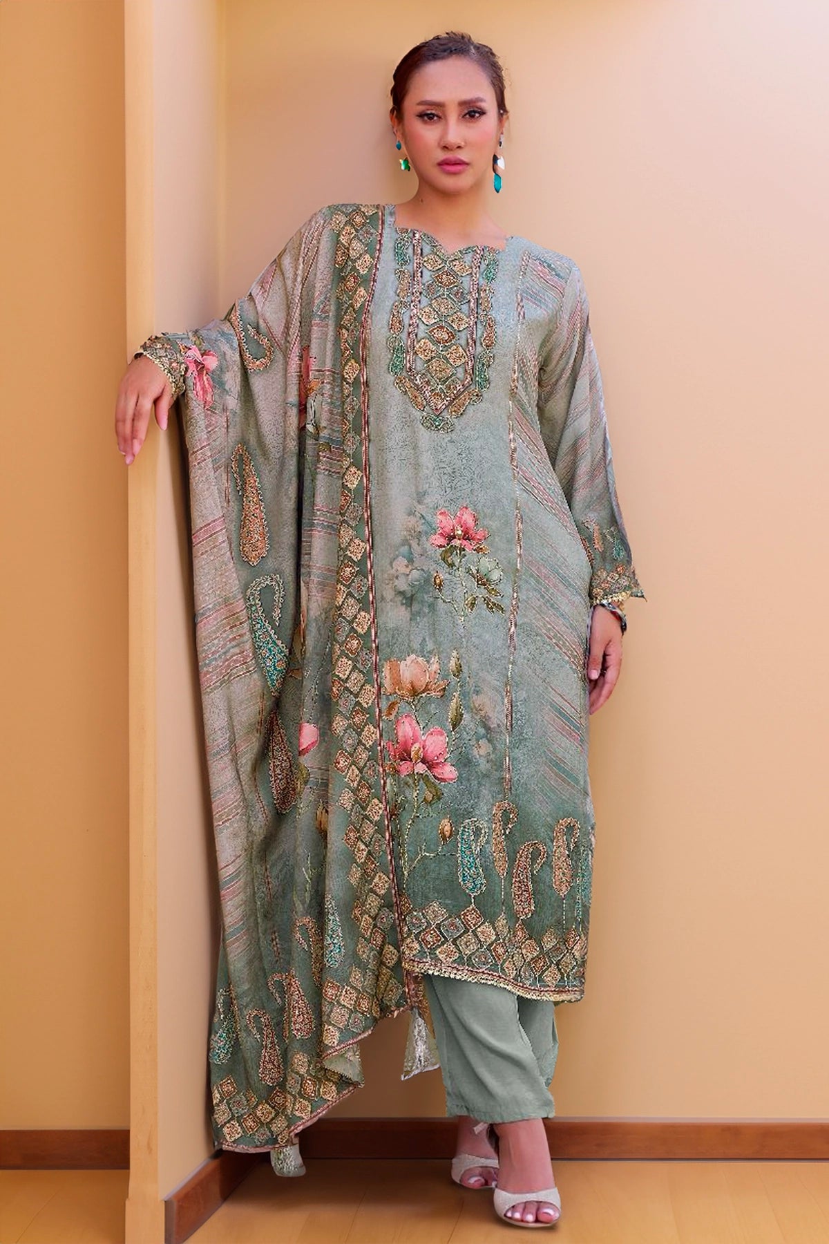 Gray Crepe Silk Embroidered Printed Pant Style Kurta Suit Set