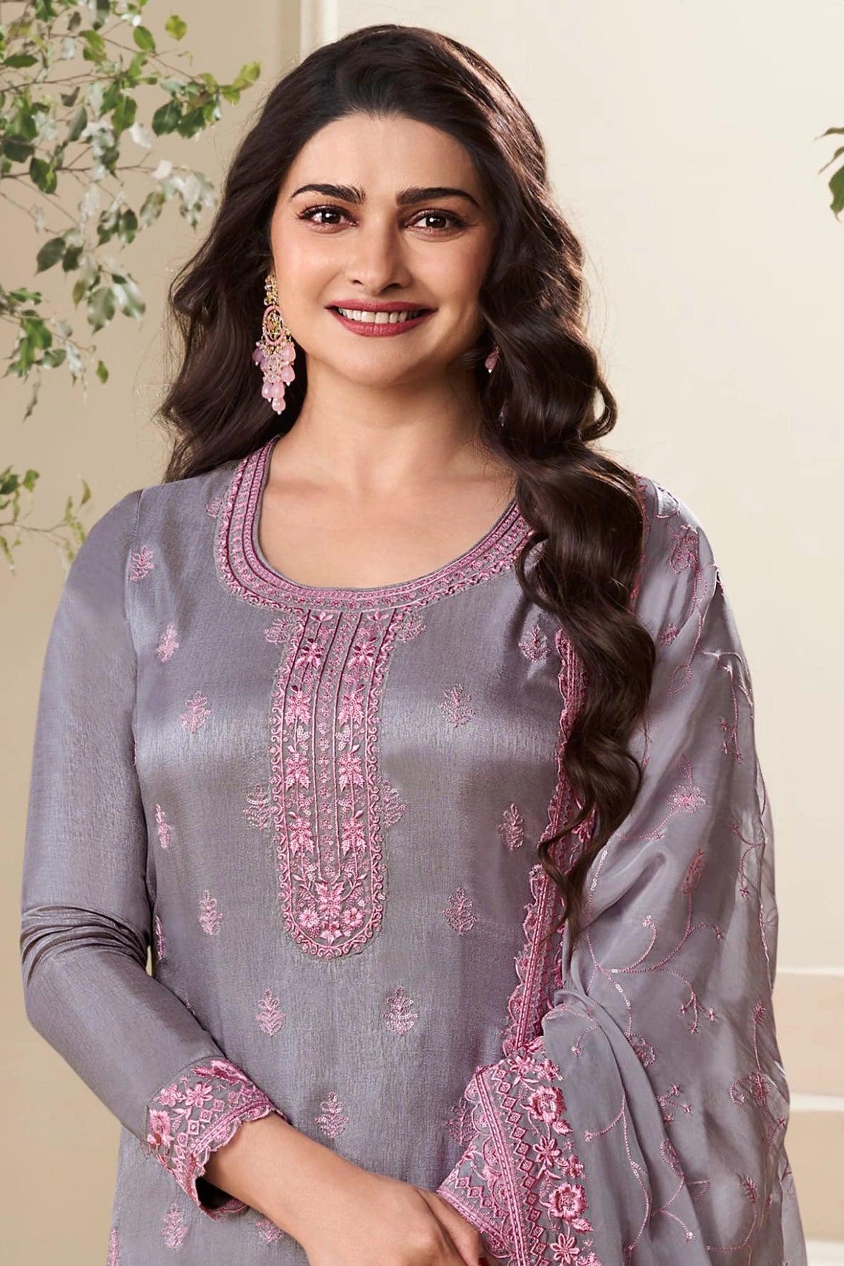 Buy Women's Gray Thread Work Embroidery Pant Style Kurta Suit Set