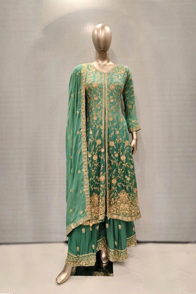  Green Chinon Silk Embroidered Front Slit Anarkali Suit 