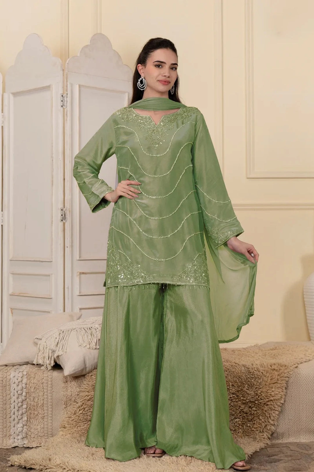 dress with sharara Buy Sets for Women Online As per photo (Color may slightly vary) Sage Green Sharara Set XS