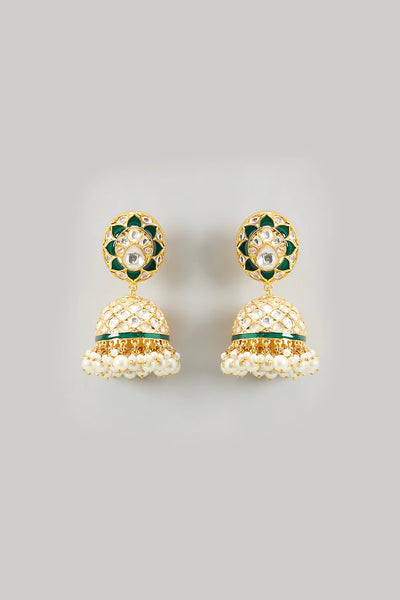 Buy Bridal Gold Finish Emerald Green Kundan Polki Jhumka Earrings