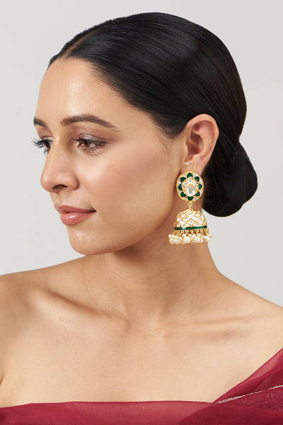 Buy Bridal Gold Finish Emerald Green Kundan Polki Jhumka Earrings