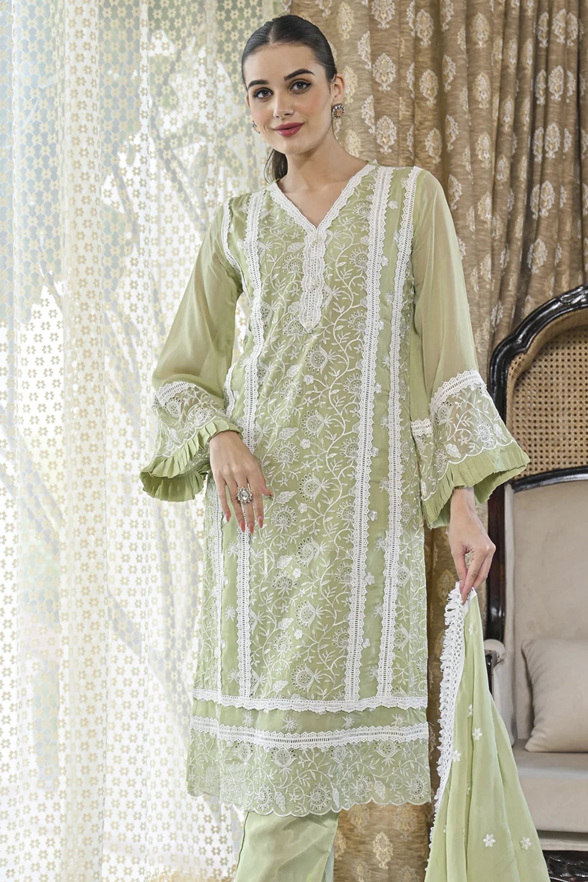 Buy Light Green Embroidered Kurta Suit Set at PinkPhulkari California