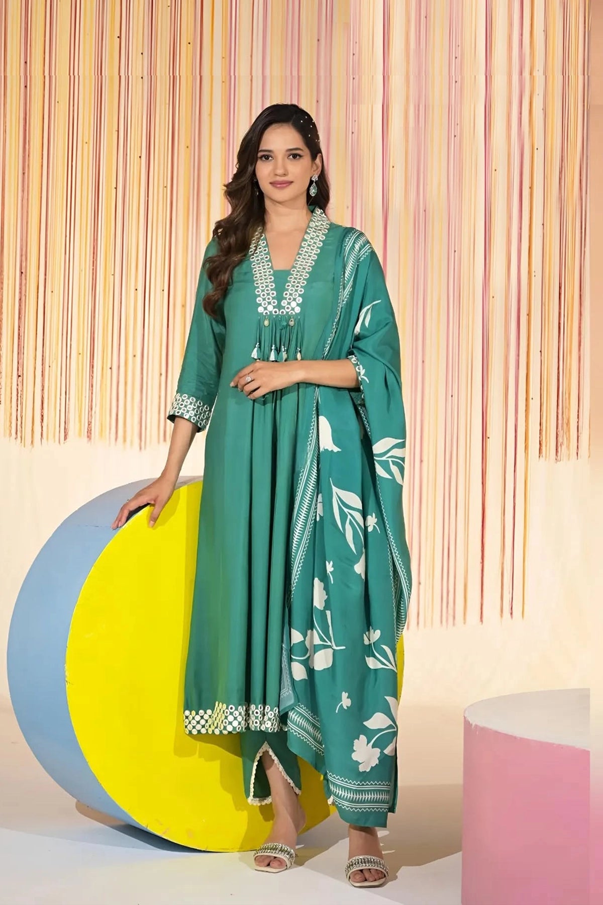 Green Cotton Anarkali Kurta, Trouser & Dupatta Set at PinkPhulkari