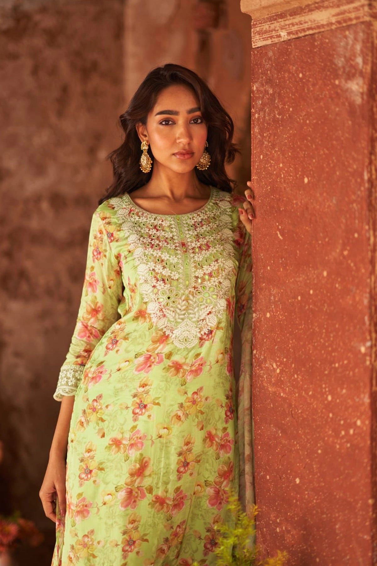 Women's  Green Floral Print Embroidered Kurta Sharara & Dupatta Set 