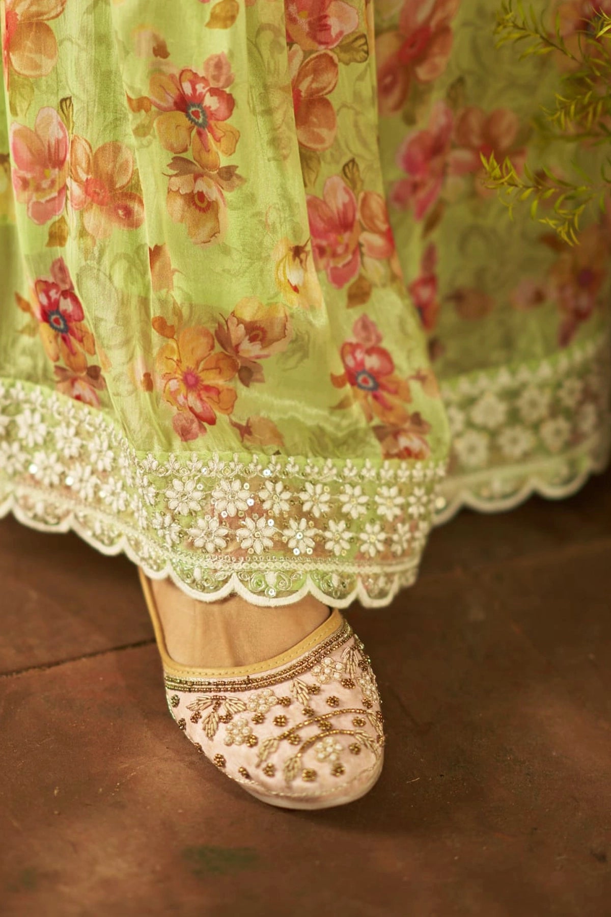 Women's  Green Floral Print Embroidered Kurta Sharara & Dupatta Set 