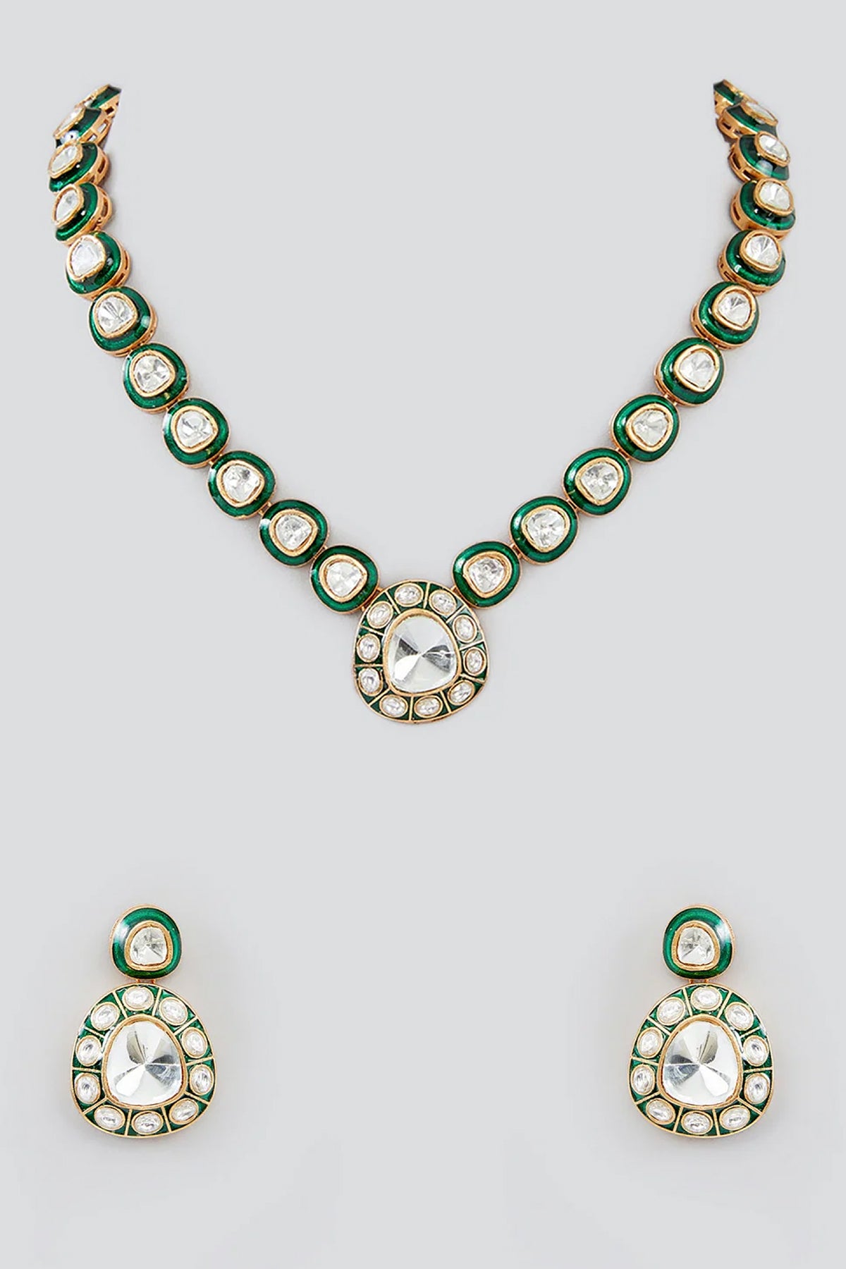 Gold Plated Green Meenakari Kundan Polki Embellished Necklace Set