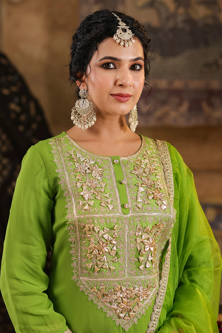 Ishin Women's Embroidered A-Line Kurta & Sharara Set - Green & Pink, Size Large