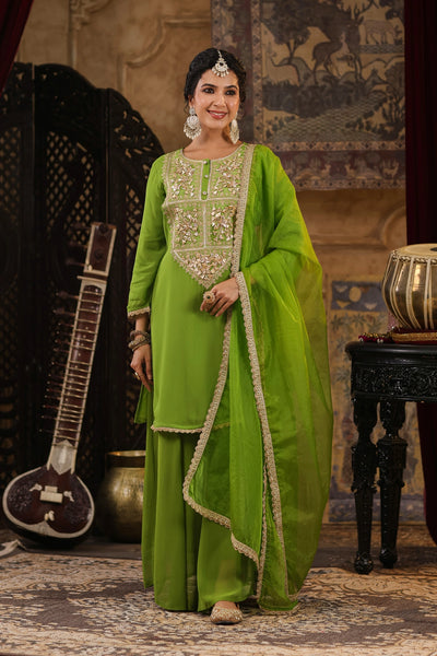 Buy Green Georgette Gota Patti Work Kurta Palazzo Set at PinkPhulkari 