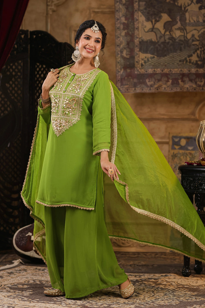 Ishin Women's Green & Pink Embroidered Gotta Patti Kurta Sharara Dupatta Set - 2XL, Ready To Wear - View #13