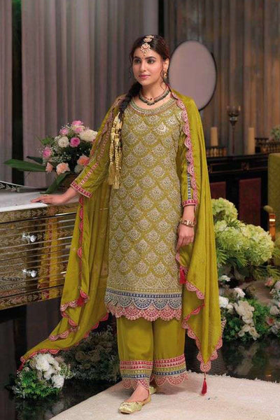 Buy Olive Green Chinon Silk Embroidered Kurta Palazzo Set 