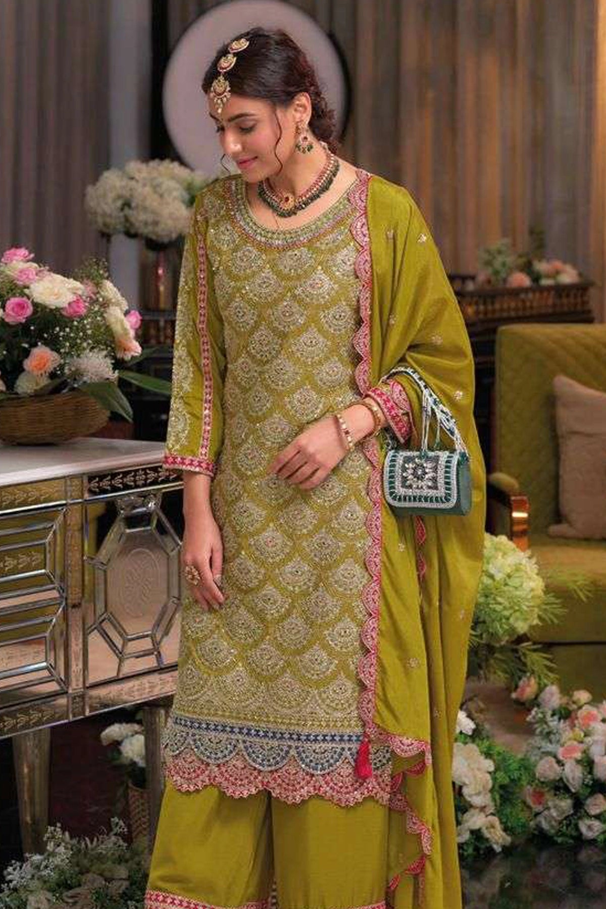 Buy Olive Green Chinon Silk Embroidered Kurta Palazzo Set 