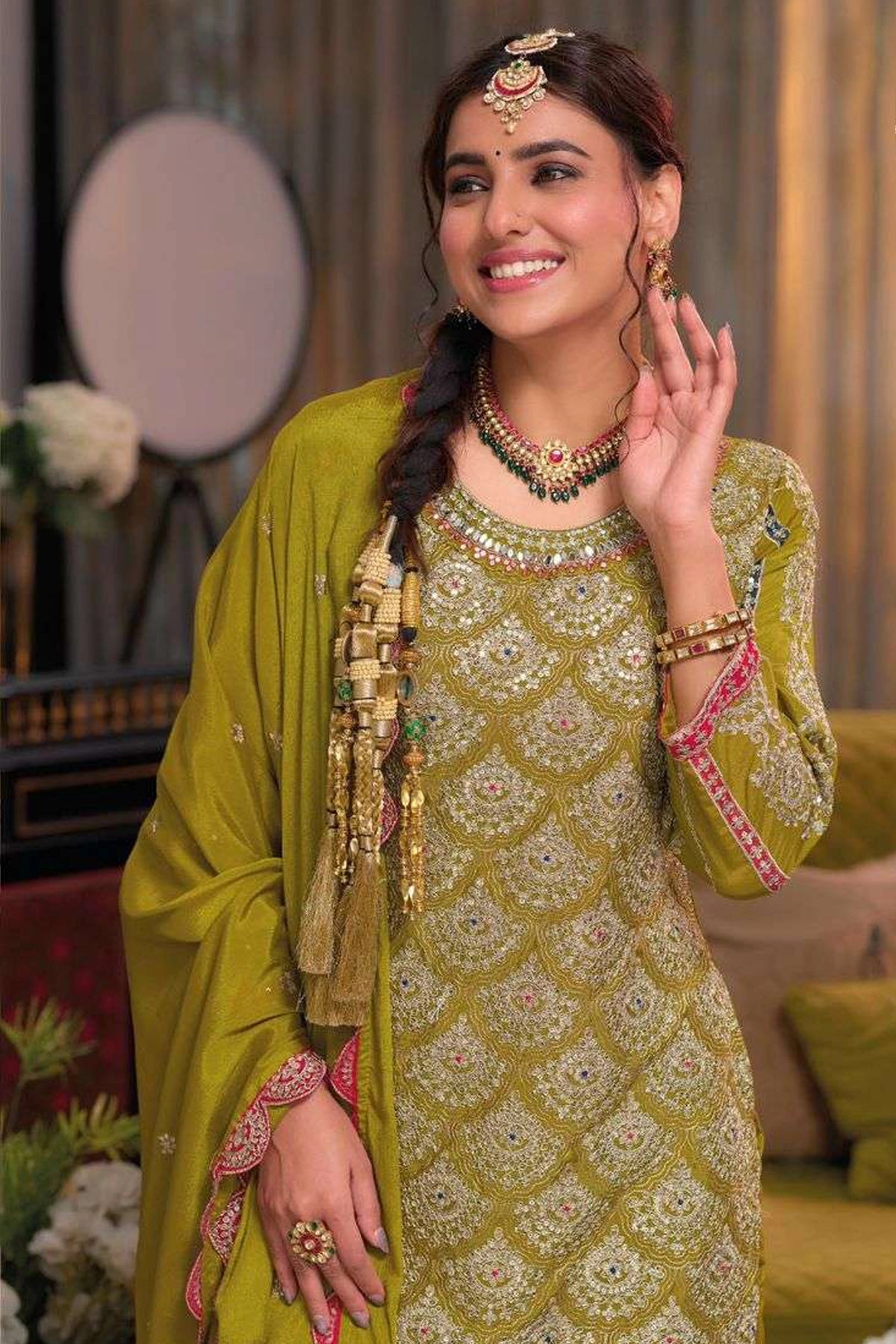 Buy Olive Green Chinon Silk Embroidered Kurta Palazzo Set 