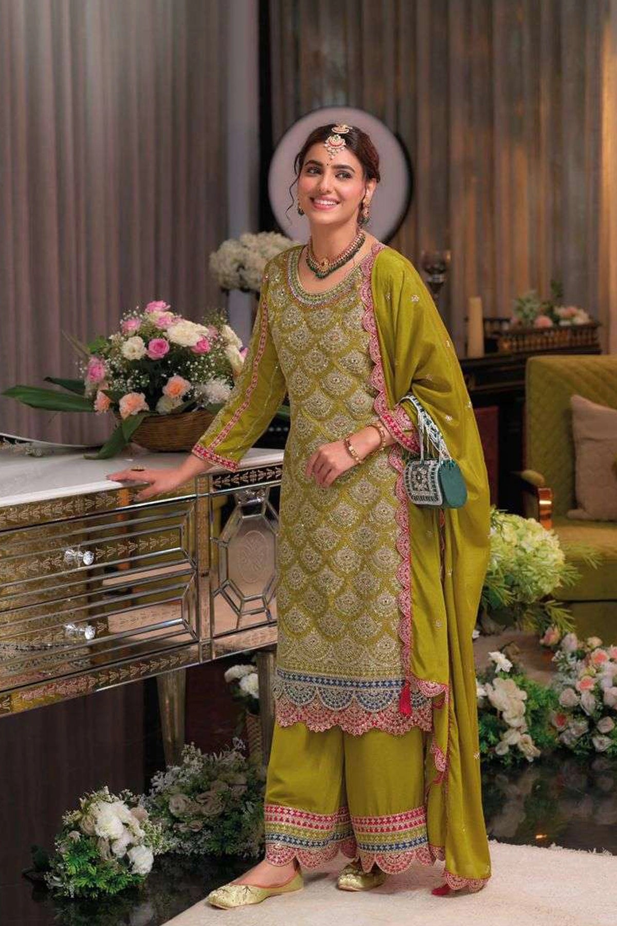 Buy Olive Green Chinon Silk Embroidered Kurta Palazzo Set 