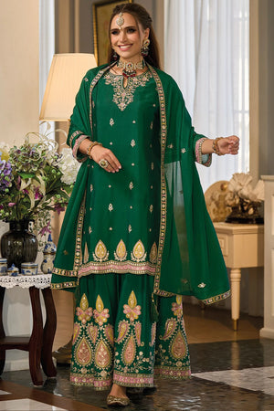 Green Wedding Wear Embroidered Palazzo Style Suit main image 1