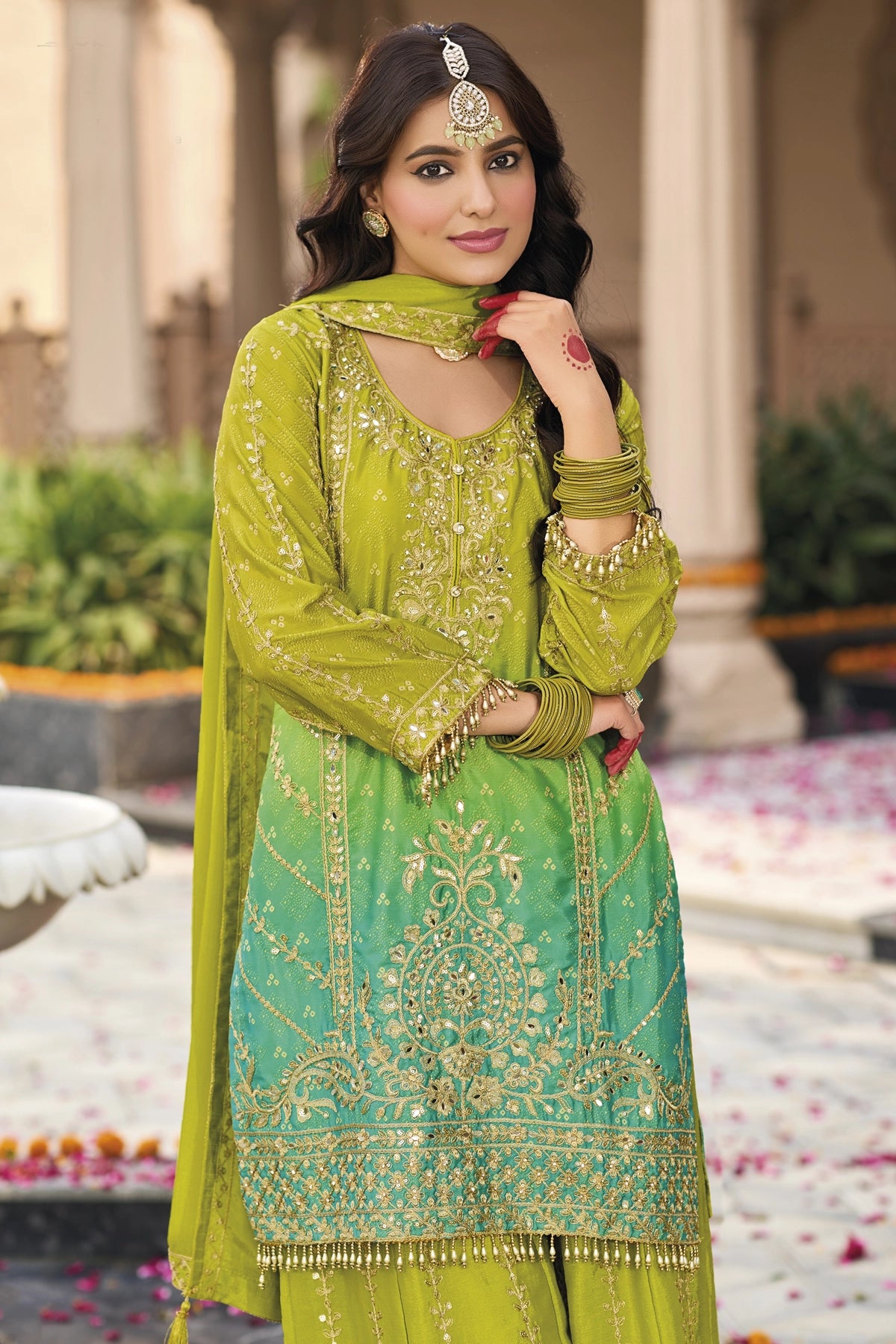 Buy Green Embellished Chinon Silk Palazzo Suit Set at PinkPhulkari 