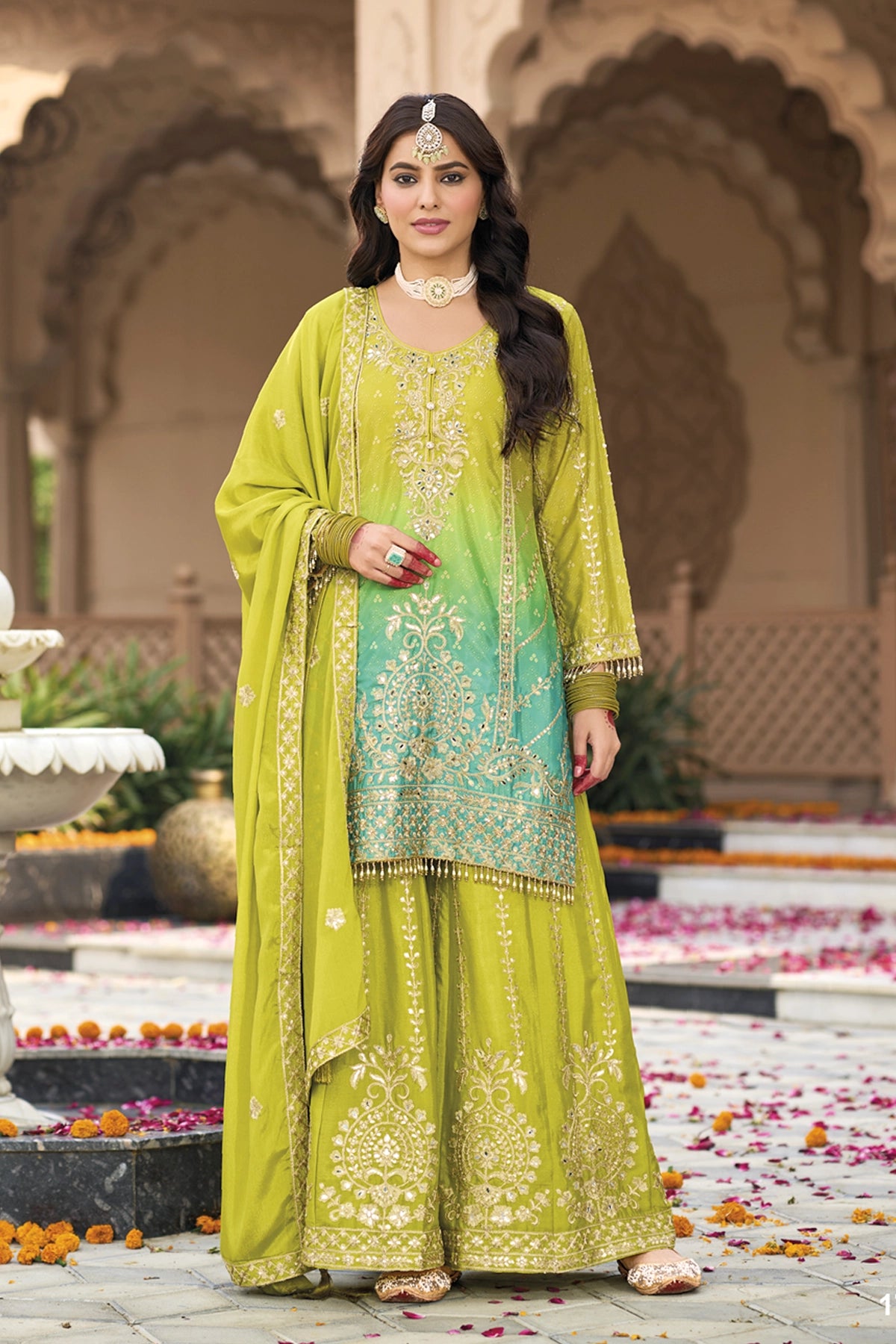 Buy Green Embellished Chinon Silk Palazzo Suit Set at PinkPhulkari 