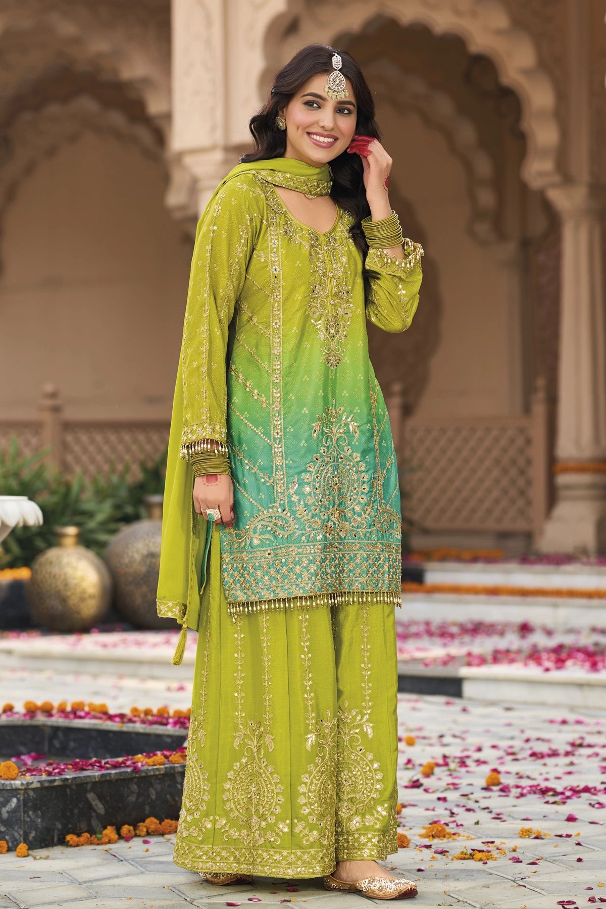 Buy Green Embellished Chinon Silk Palazzo Suit Set at PinkPhulkari 