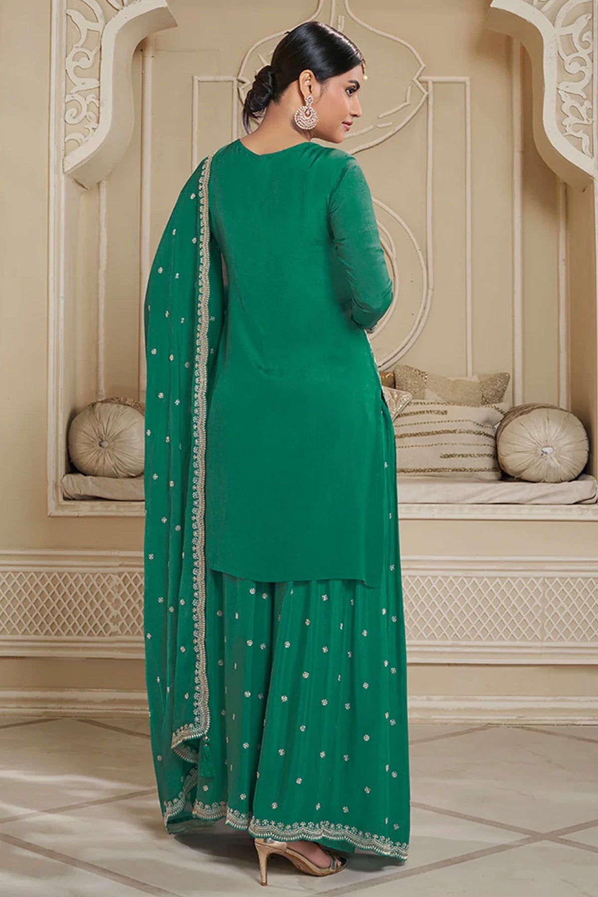 Buy Green Floral Pattern Embroidered Palazzo Suit Set at PinkPhulkari 