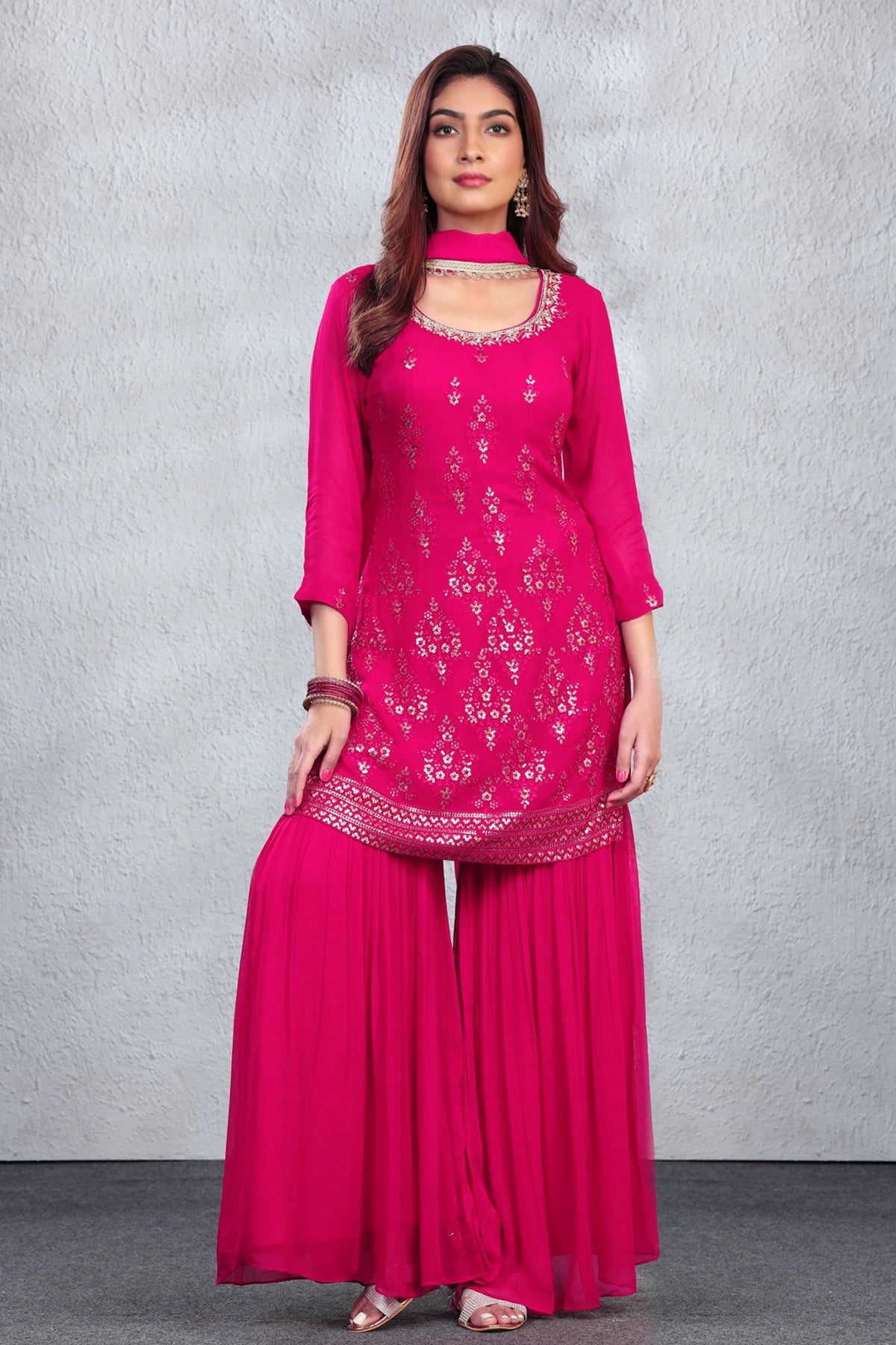 Buy Hot Pink Embroidered Gharara Style Suit at PinkPhulkari California