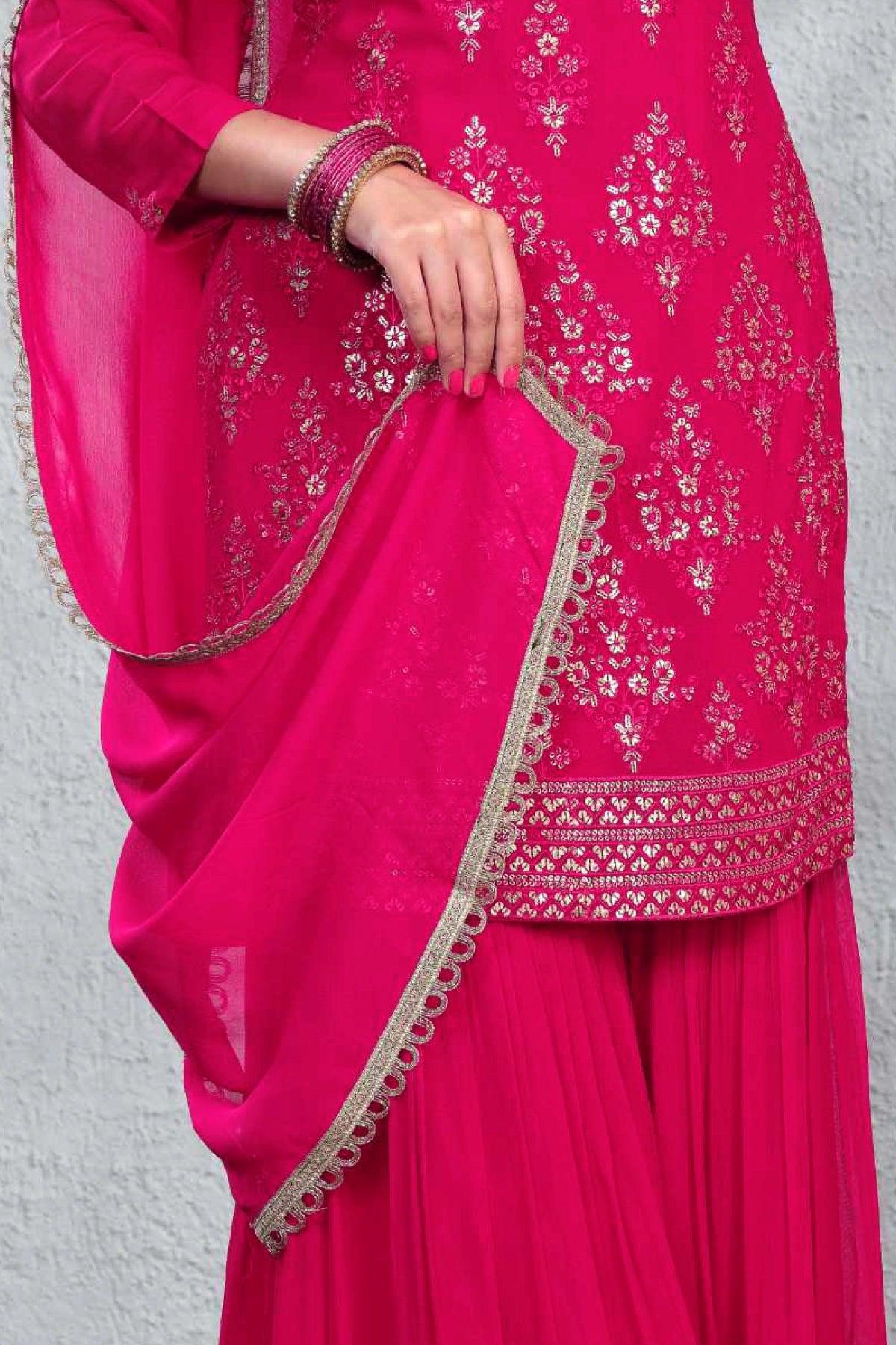 Buy Hot Pink Embroidered Gharara Style Suit at PinkPhulkari California